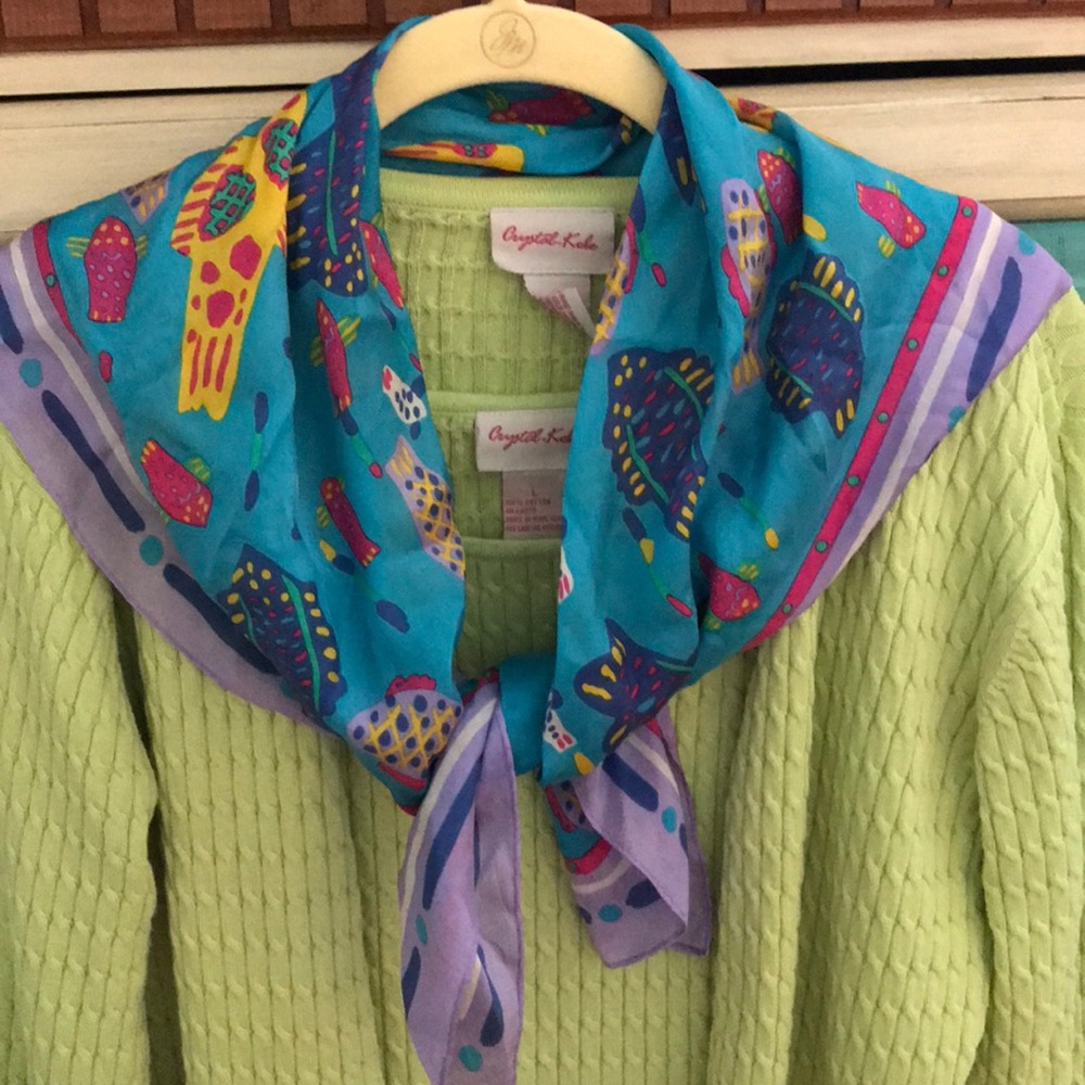 Celery green cotton twinset and silk scarf